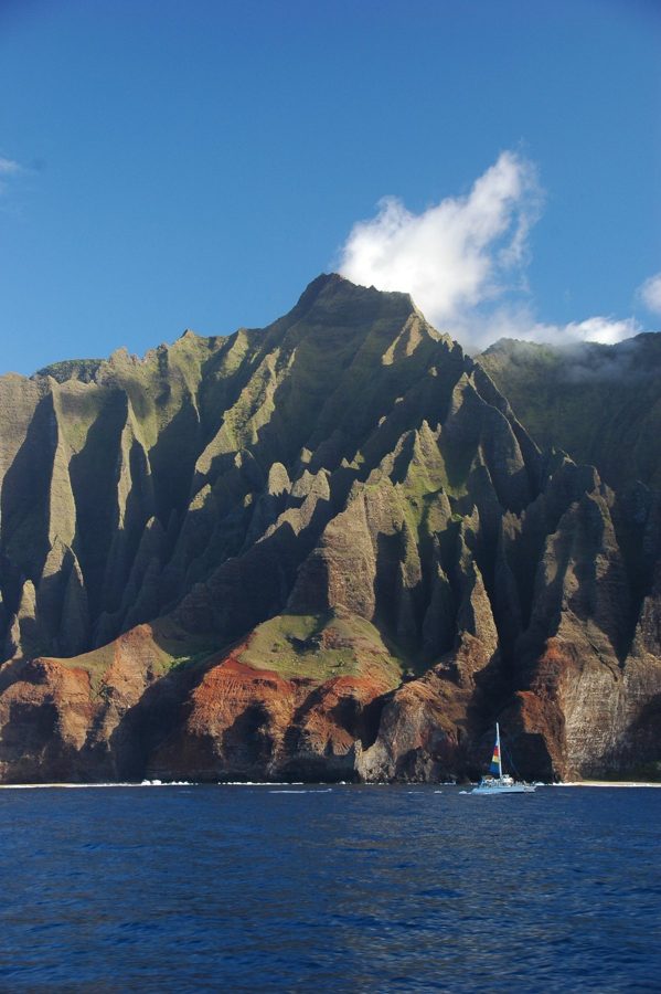 Rugged green sea cliffs rising from deep blue water under a blue sky